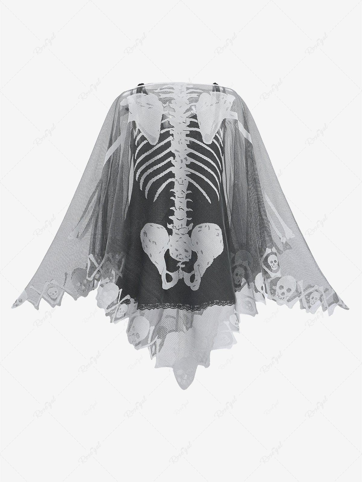 Halloween Costume Gothic Skull Skeleton Graphic Mesh Asymmetric Poncho Cloak Cape