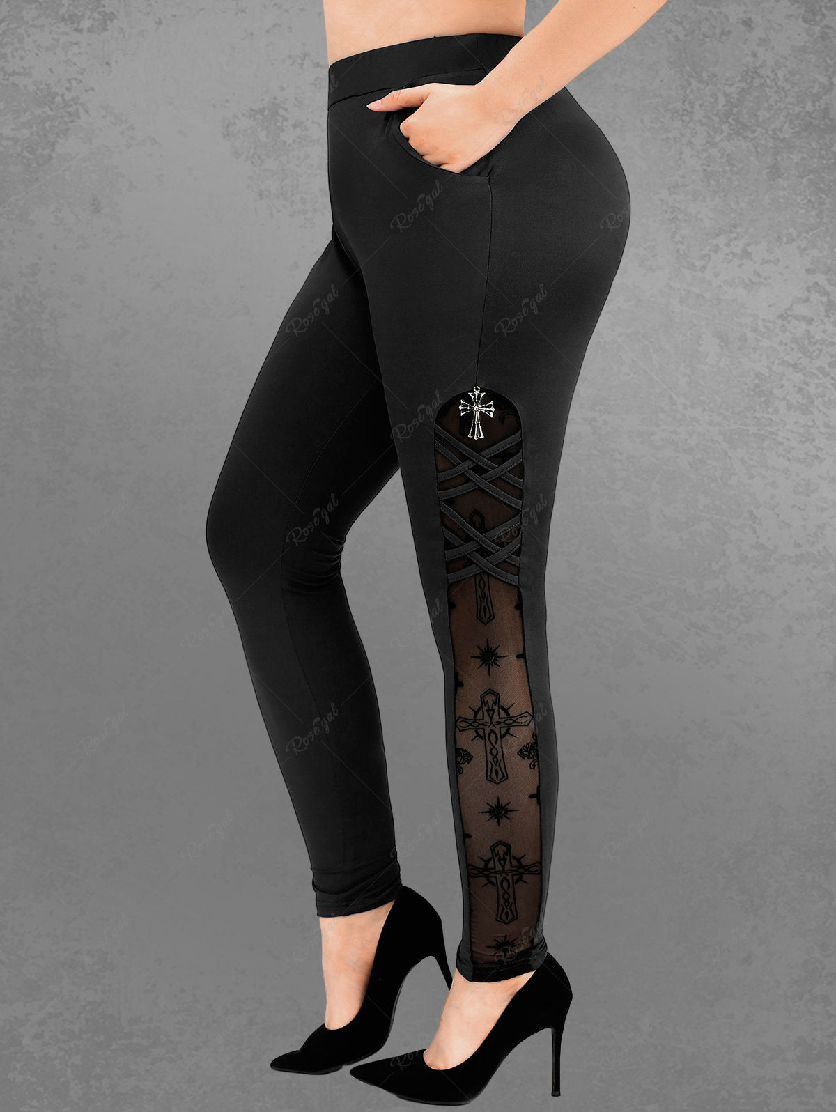 Gothic Plus Size Cross Sun Mesh Braided Pockets Leggings