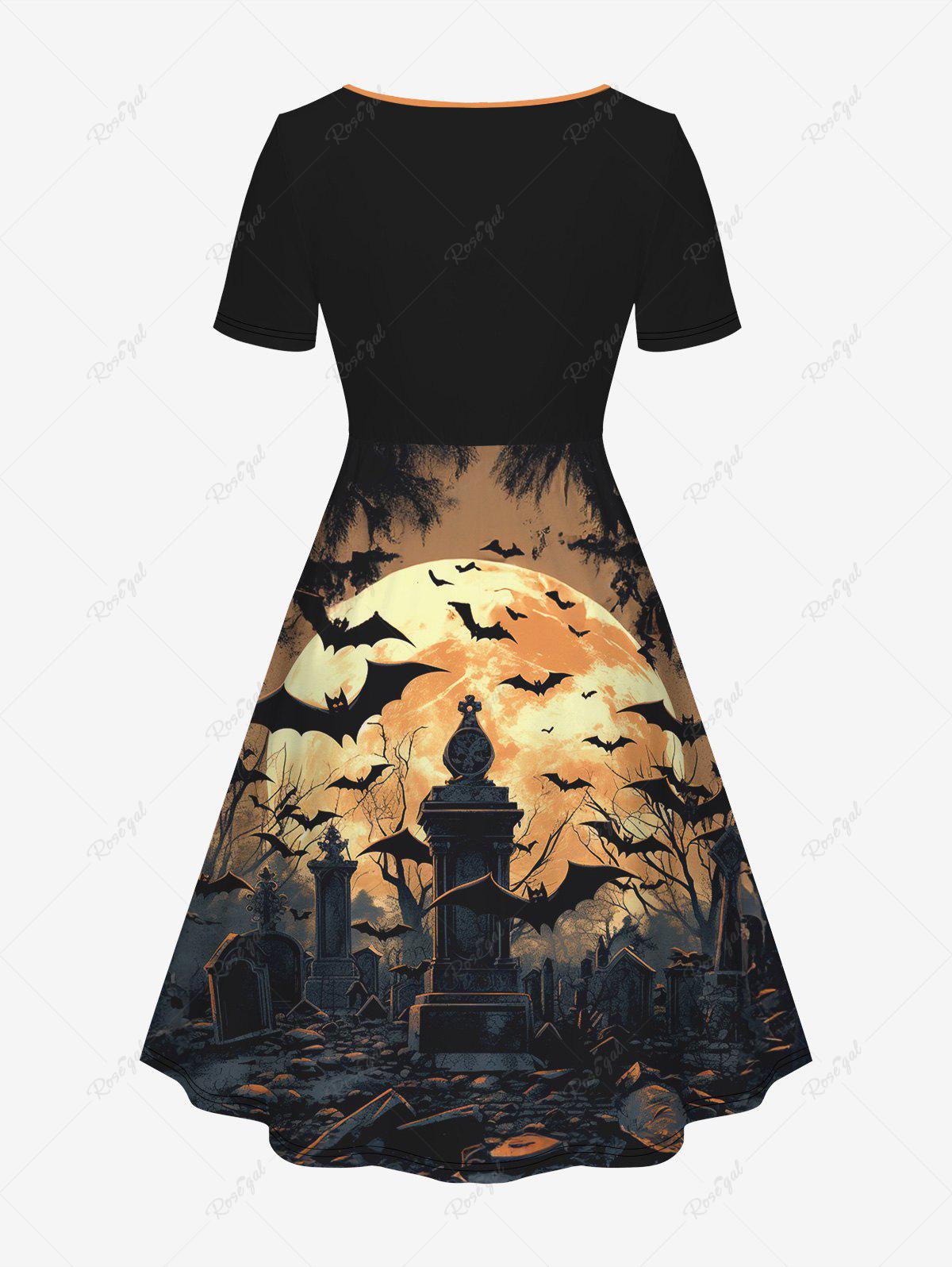 Gothic Bat Moon Tree Tombstone Stone Print Cinched Halloween Dress