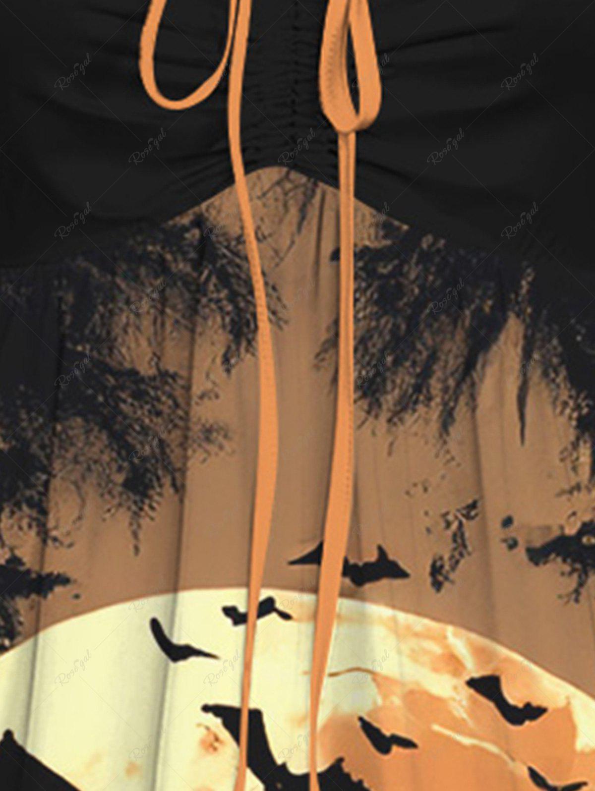 Gothic Bat Moon Tree Tombstone Stone Print Cinched Halloween Dress