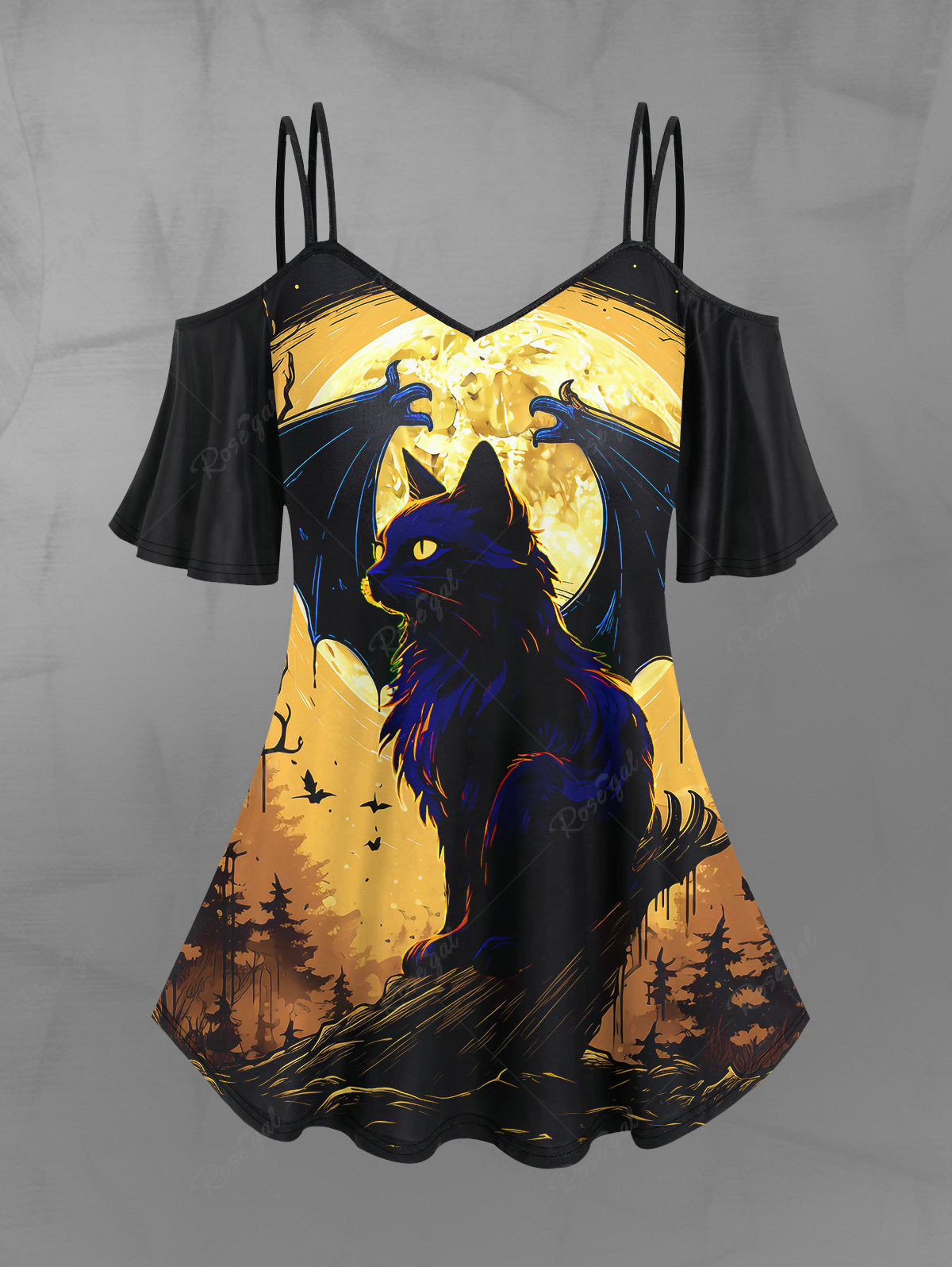 Gothic Cat Bat Moon Tree Glitter Print Cold Shoulder Halloween Cami T-shirt