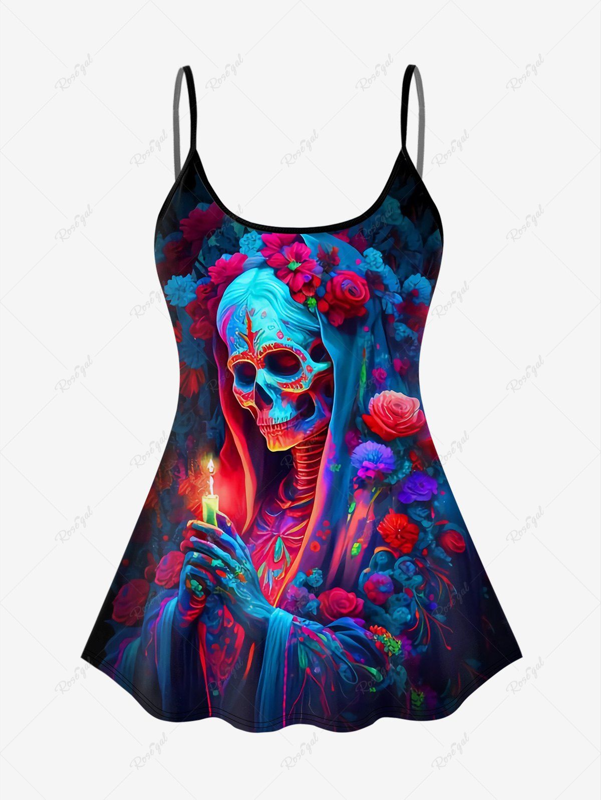 Gothic Plus Size Skull Candle Floral Print Padded Boyleg Tankini Swimsuit (Adjustable Shoulder Strap)