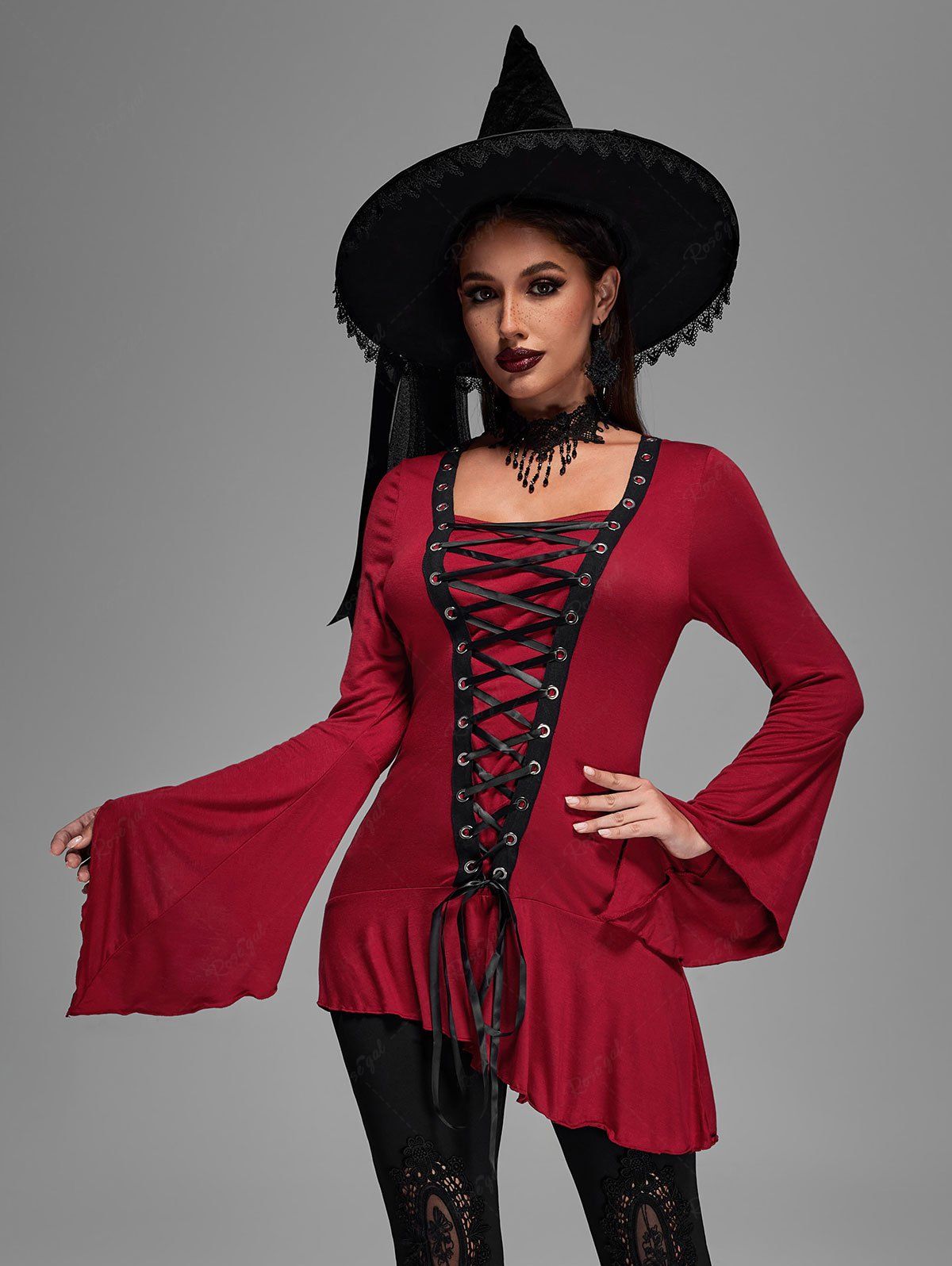 Gothic Lace Up Ruffles Ruched Flare Sleeves Asymmetric T-shirt