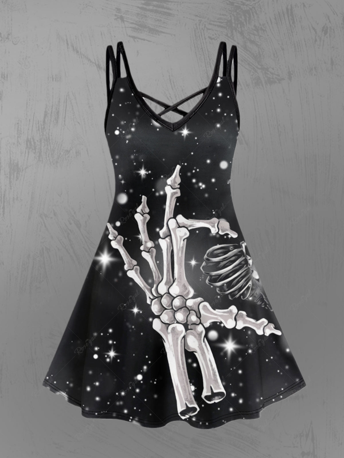 Halloween Costume Gothic Galaxy Glitter Skeleton Print Crisscross Cami Dress