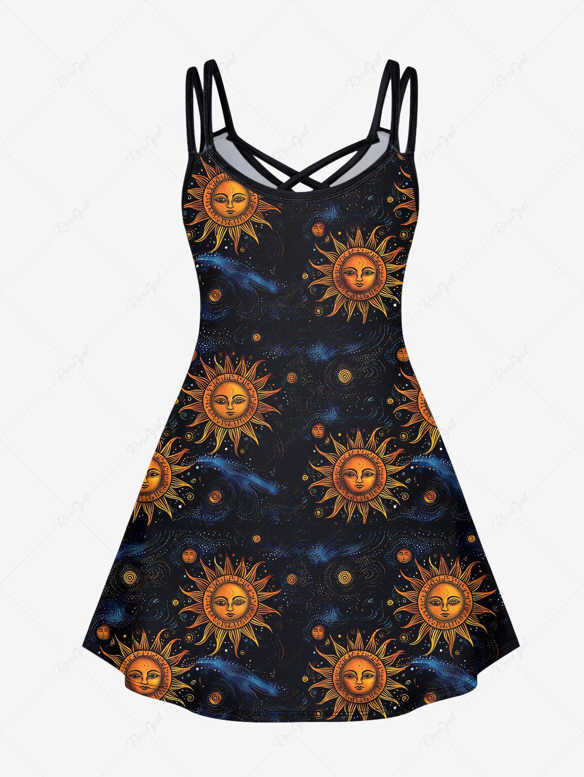 Gothic Sun Face Galaxy Print Crisscross Cami Dress