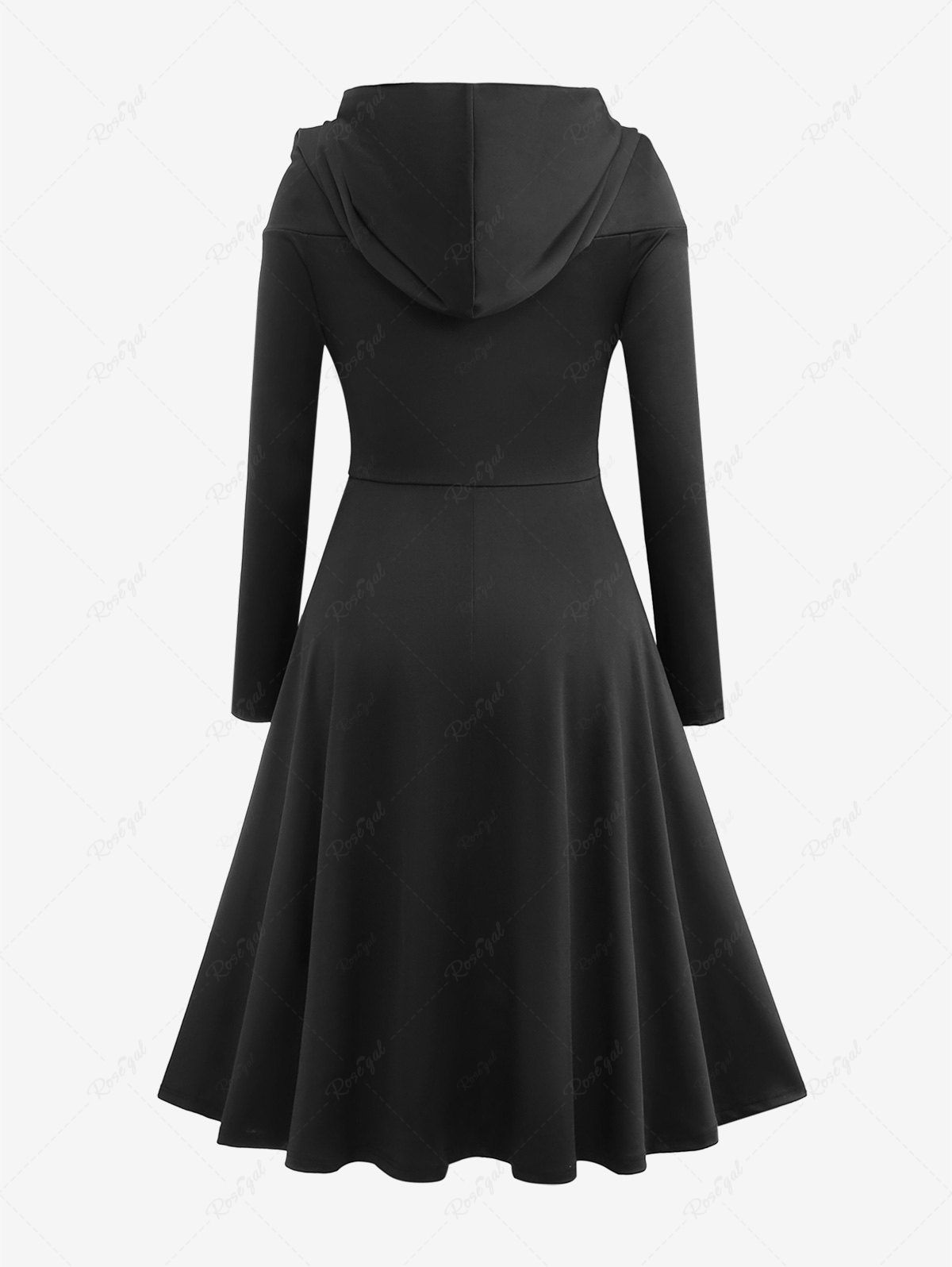 Gothic Zipper Ruched Asymmetric Hooded Solid Long Sleeves A Line Dress ...