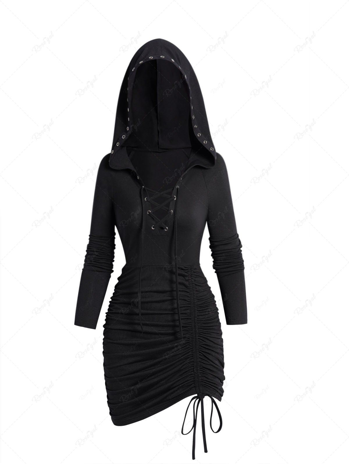 Gothic Lace Up Cinched Ruched Mini Hooded Dress