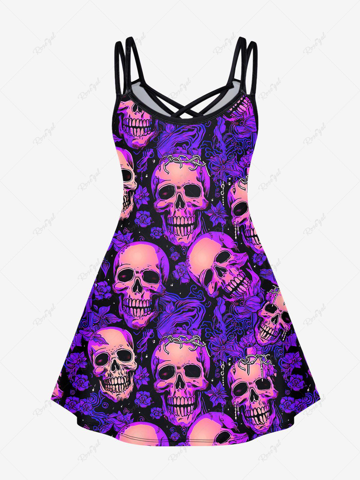 Gothic Plus Size Colorful Skulls Floral Print Crisscross Halloween Cami Dress