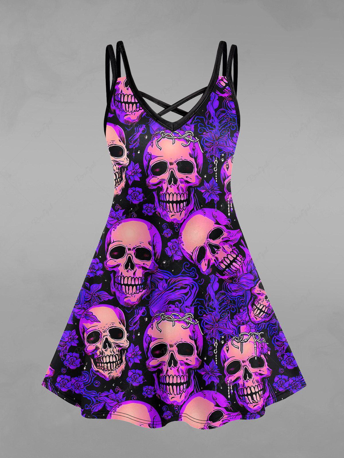 Gothic Plus Size Colorful Skulls Floral Print Crisscross Halloween Cami Dress