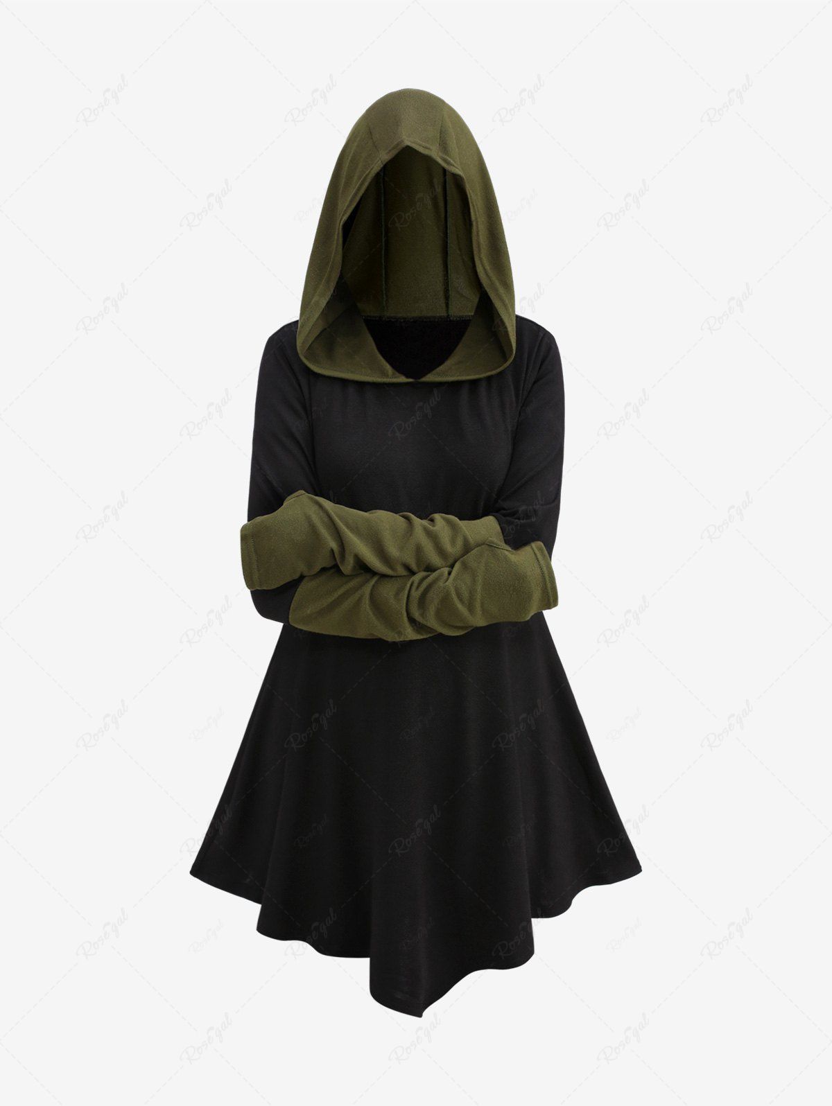 Gothic Thumbhole Two Tone Asymmetric Ruched Hooded Long Sleeves T-shirt