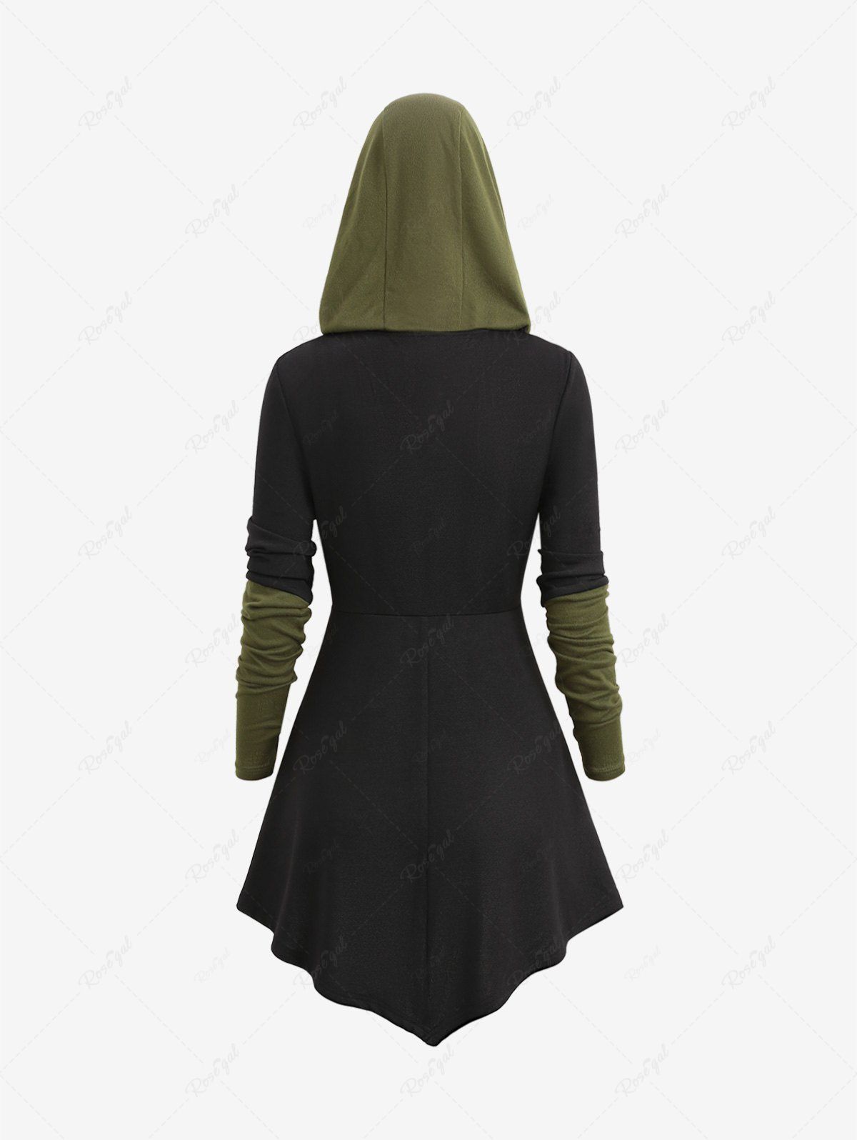 Gothic Thumbhole Two Tone Asymmetric Ruched Hooded Long Sleeves T-shirt