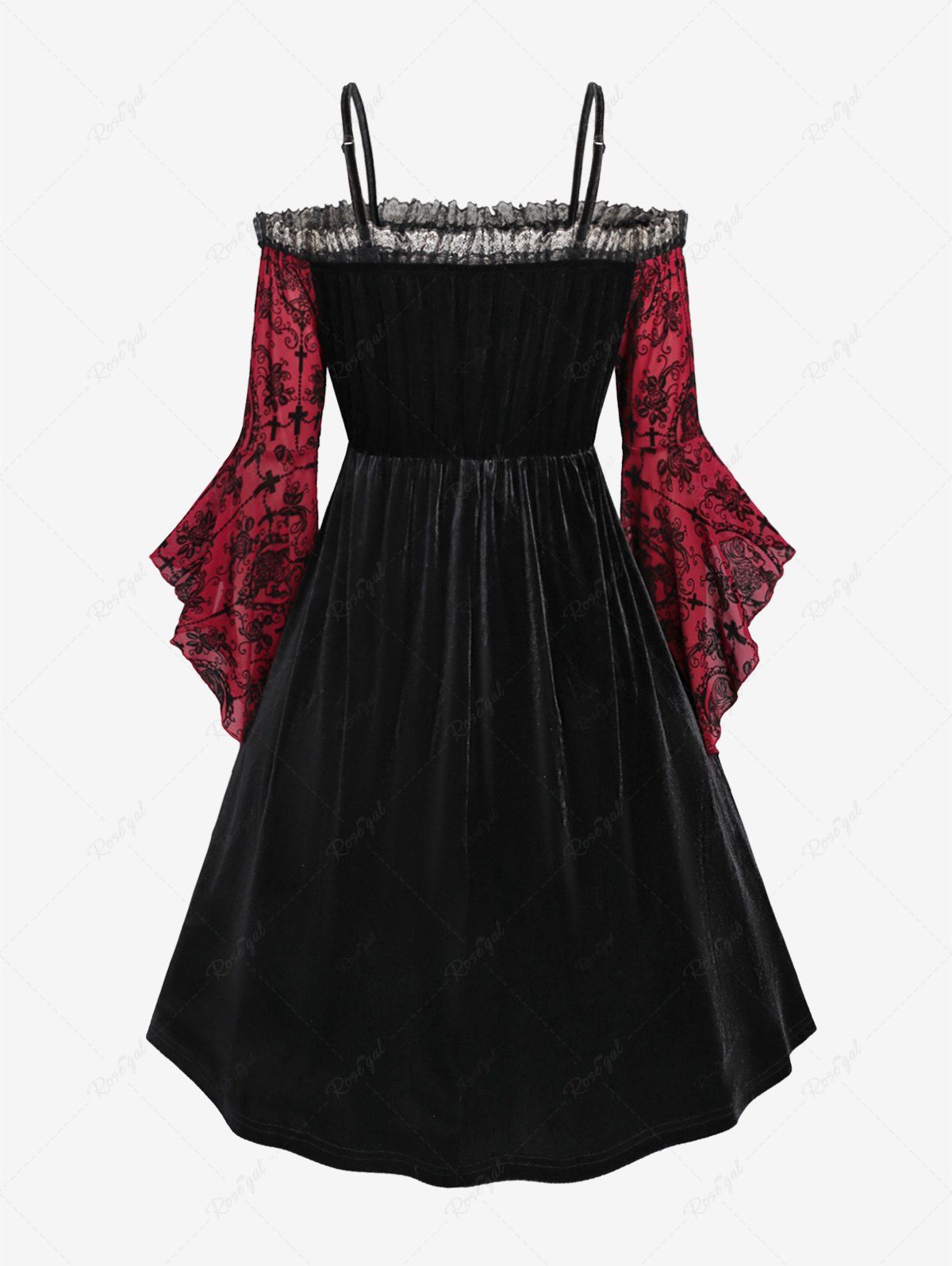 💗VIXTINA LOVES💗 Gothic Plus Size Floral Cross Print Mesh Panel Off The Shoulder Bell Sleeves Ruched Dress