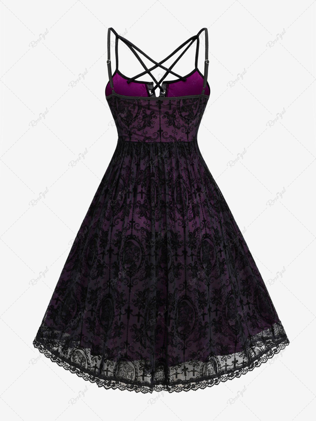 Gothic Plus Size Lace Up Grommets Cross Girl Print Mesh Crisscross Vintage Dress