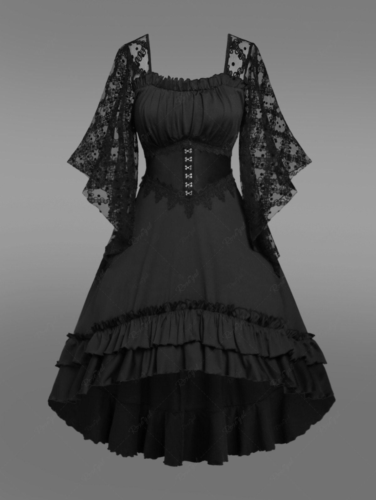 Gothic Lace Panel Hook and Eye Layered Ruched High Low Flutter Sleeves Corset Dress