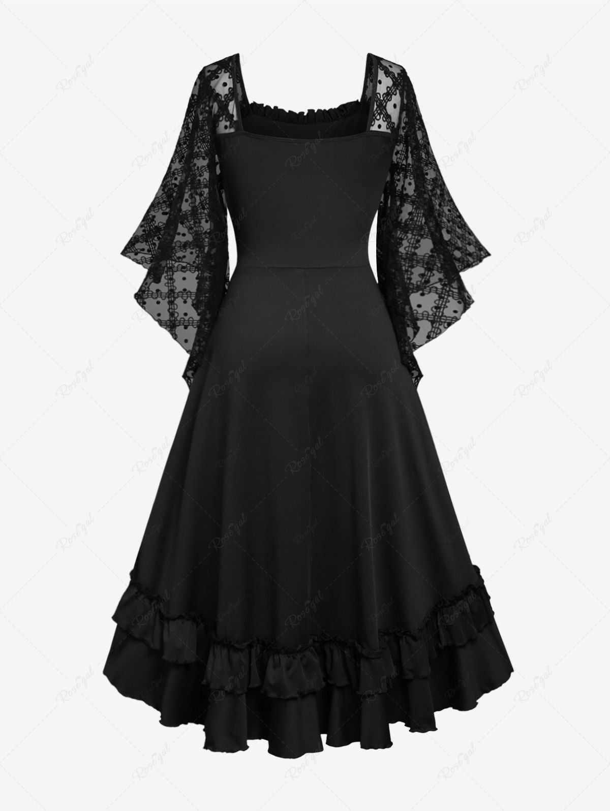 Gothic Lace Panel Hook and Eye Layered Ruched High Low Flutter Sleeves Corset Dress