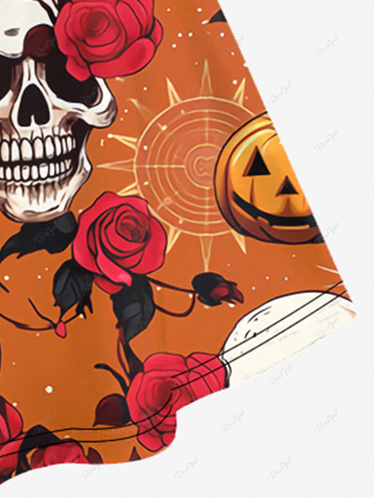 Halloween Costume Gothic Plus Size Skull Rose Flower Pumpkin Print Crisscross Halloween Cami Dress