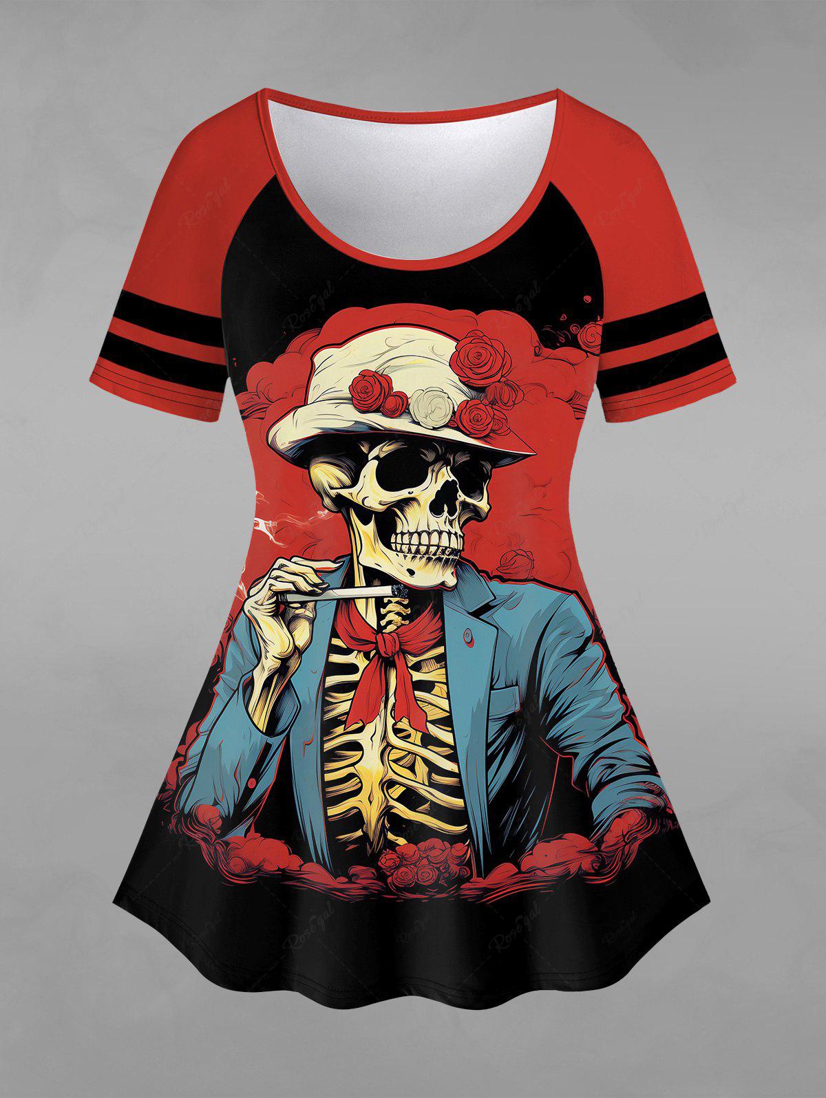 Gothic Plus Size Skeleton Rose Flower Print Raglan Sleeves Halloween T-shirt