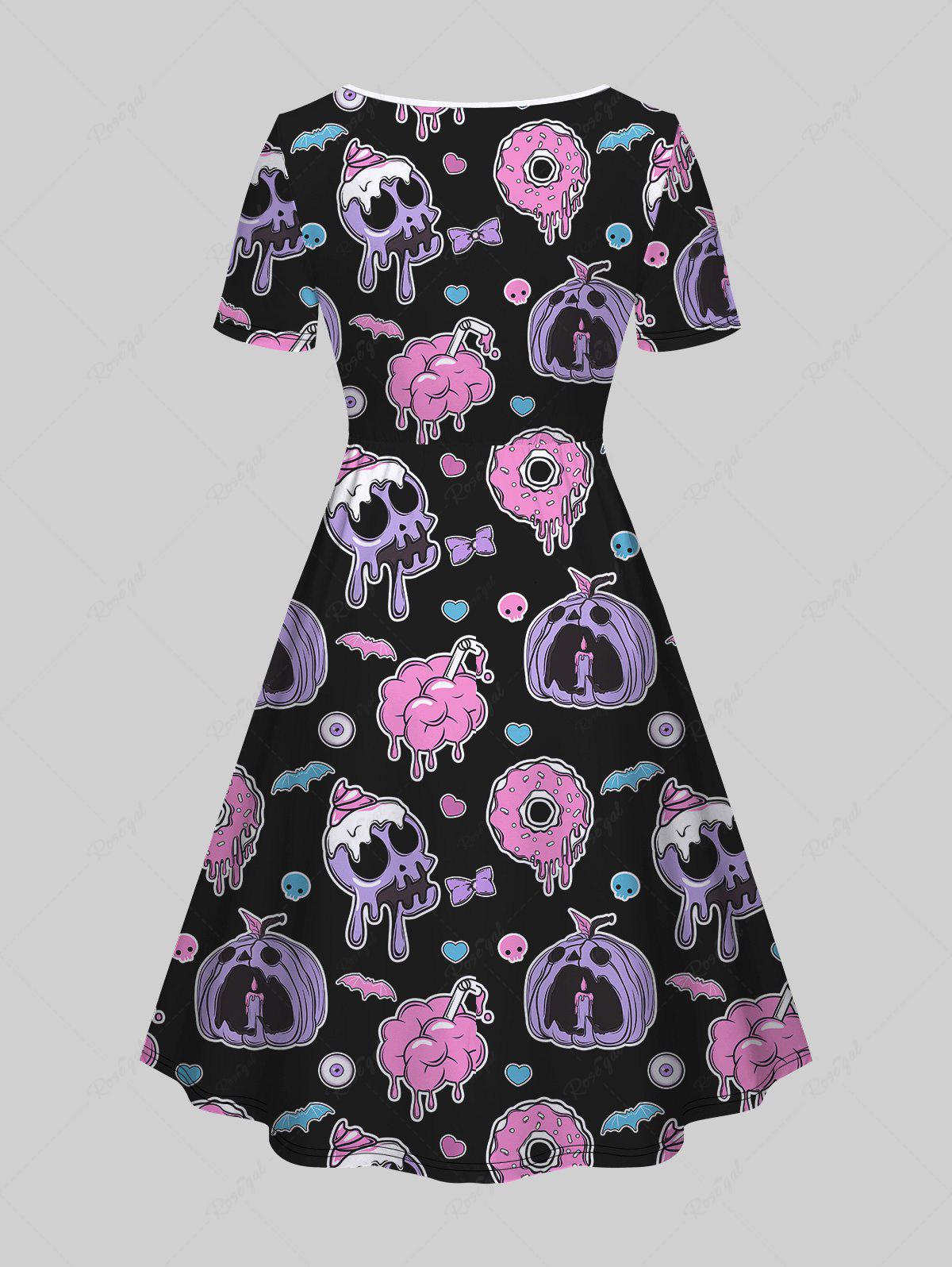 Gothic Plus Size Cartoon Pumpkin Skull Bat Bowknot Donut Print Cinched Dress