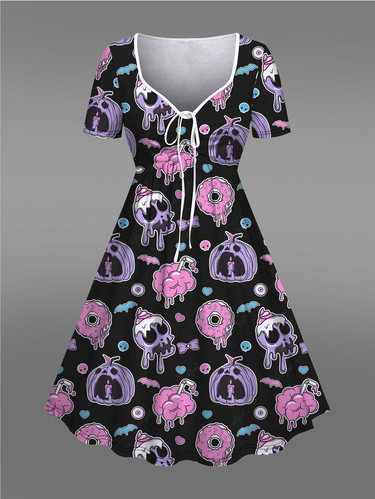 Gothic Plus Size Cartoon Pumpkin Skull Bat Bowknot Donut Print Cinched Dress