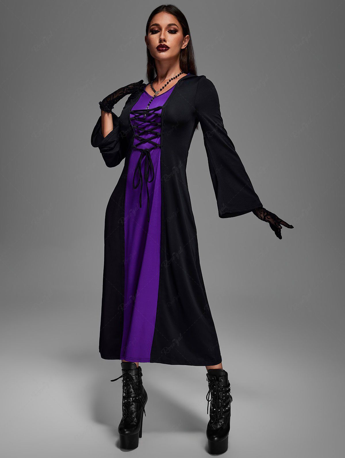Gothic Medieval Renaissance Lace Up Two Tone Plus Size Hooded Dress