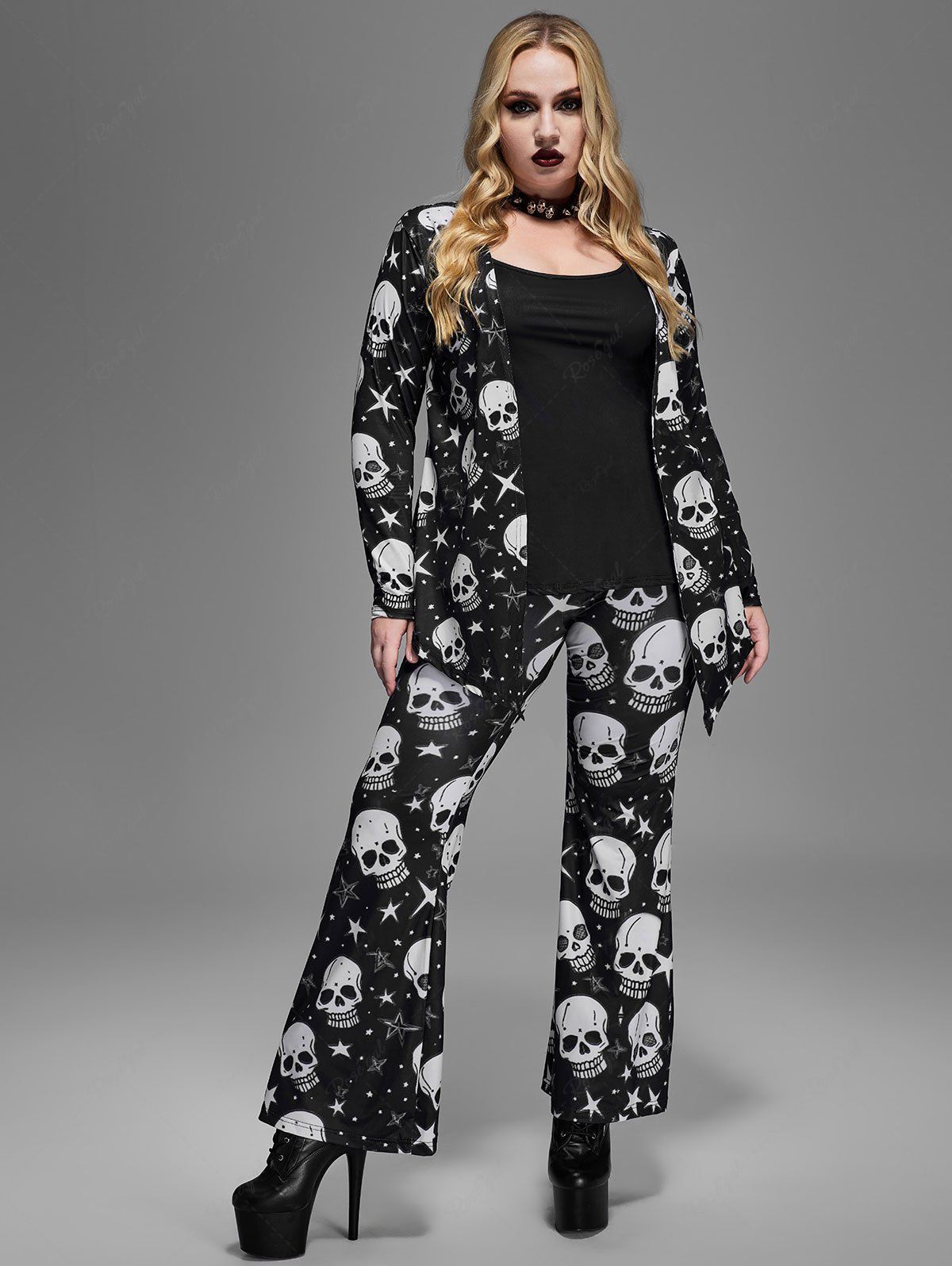 Halloween Gothic Skulls Stars Print Patchwork Halloween 2 in 1 T-shirt