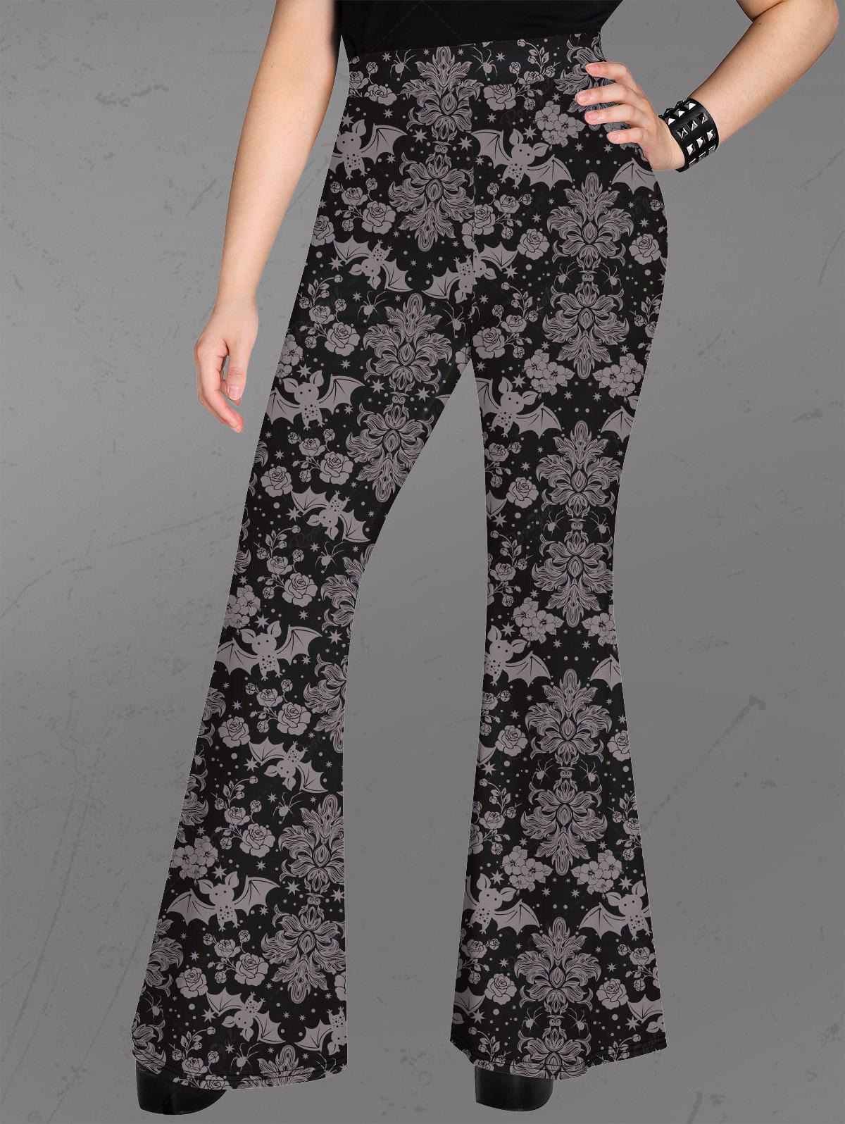 💗Skylar Loves💗 Halloween Gothic Plus Size Bat Flower Spider Print Flare Pants