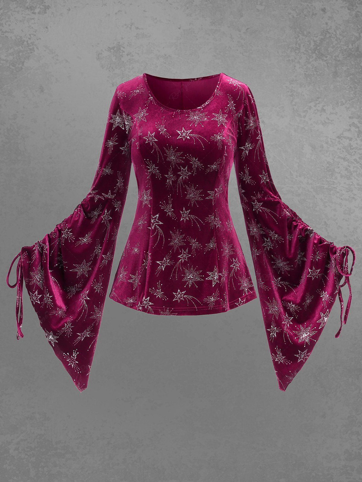 Gothic Glitter Star Print Cinched Flare Sleeves Velvet Top