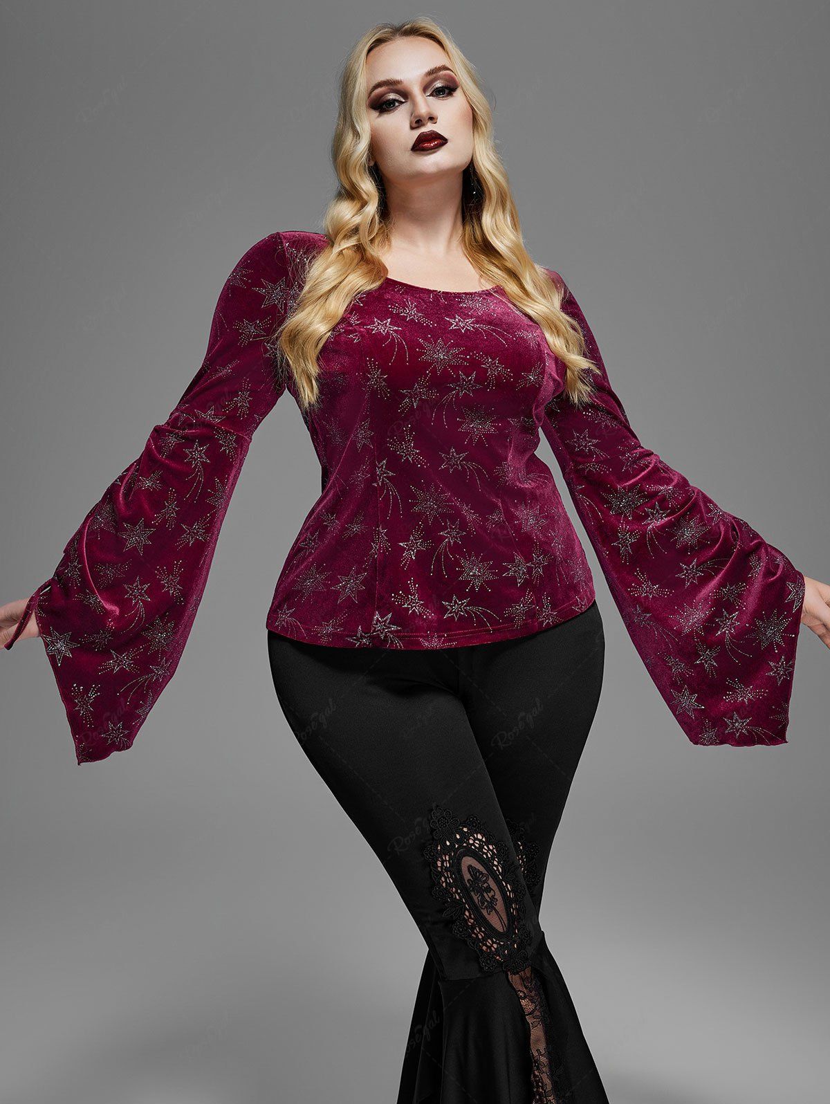 Gothic Glitter Star Print Cinched Flare Sleeves Velvet Top