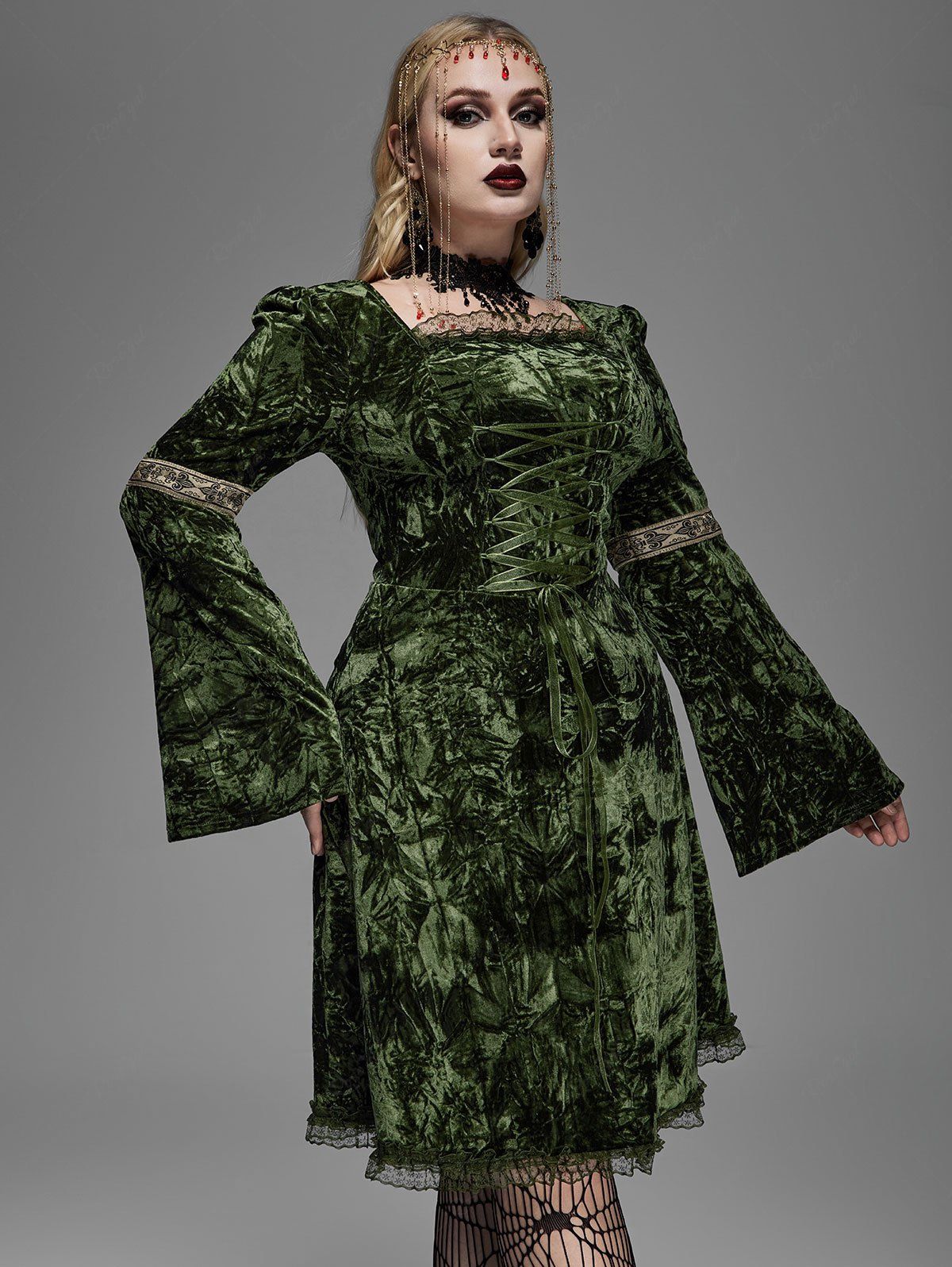 Gothic Plus Size Lace Trim Lace-up Bell Sleeves Velvet Dress