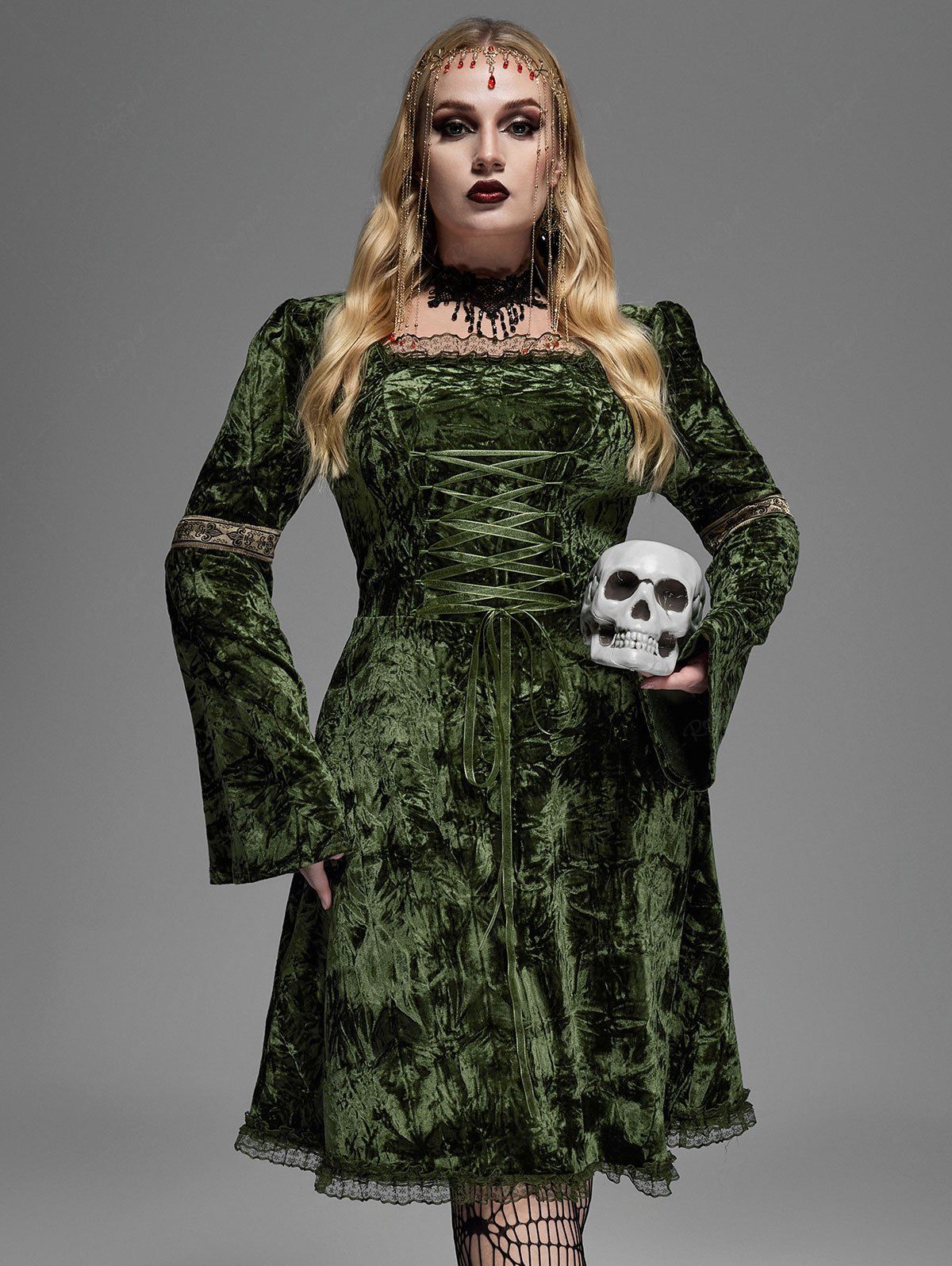 Gothic Plus Size Lace Trim Lace-up Bell Sleeves Velvet Dress