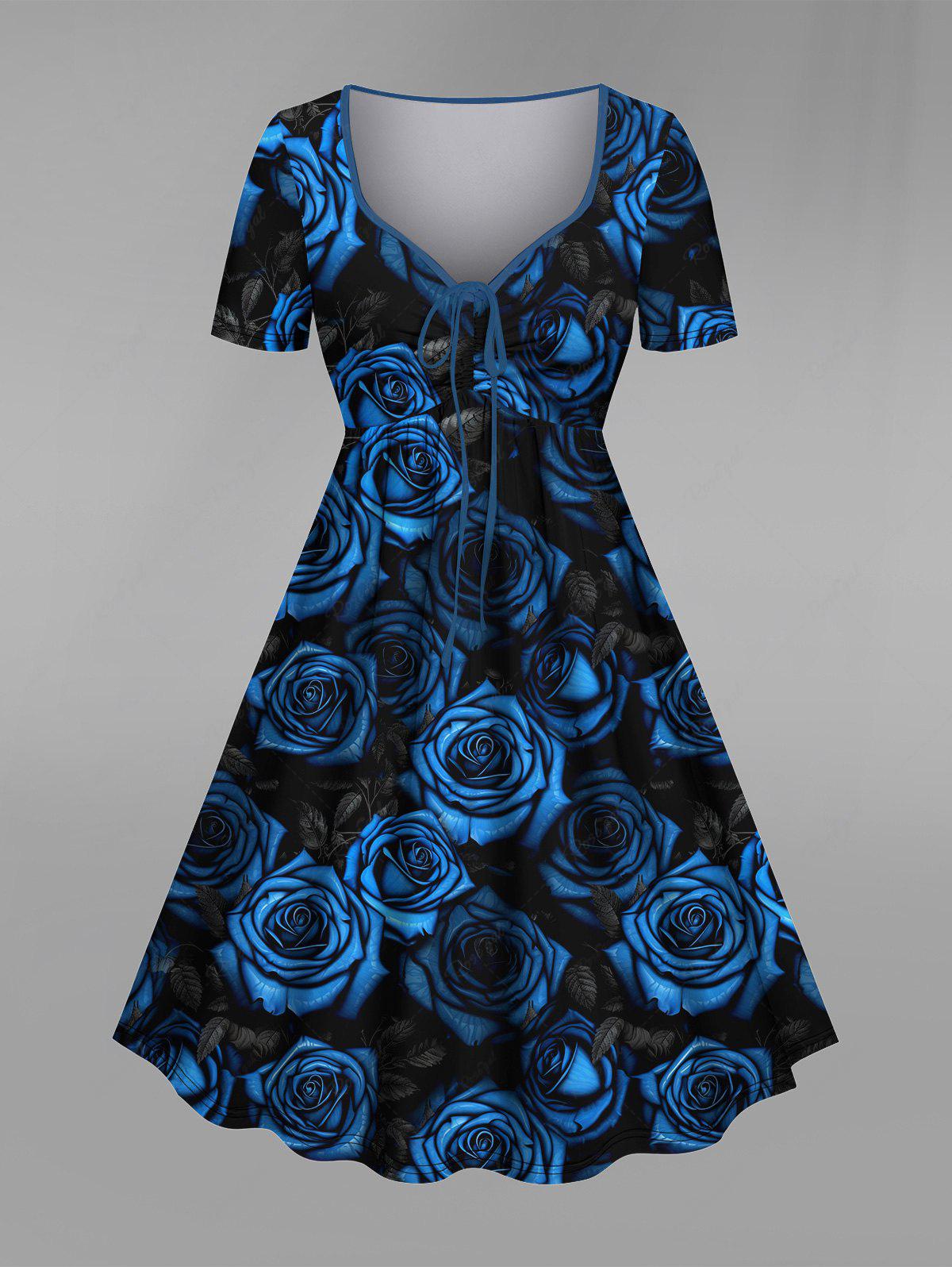 Gothic Plus Size 3D Rose Flower Leaf Print Cinched Dress