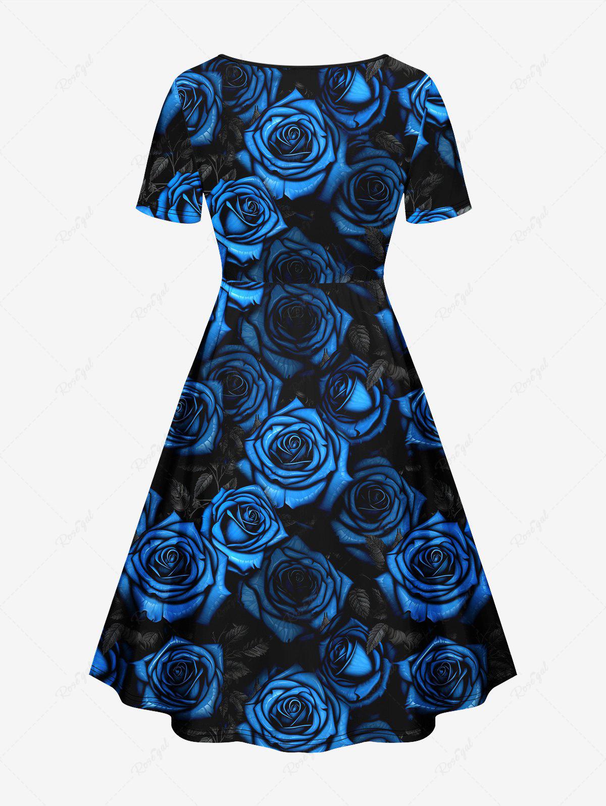 Gothic Plus Size 3D Rose Flower Leaf Print Cinched Dress