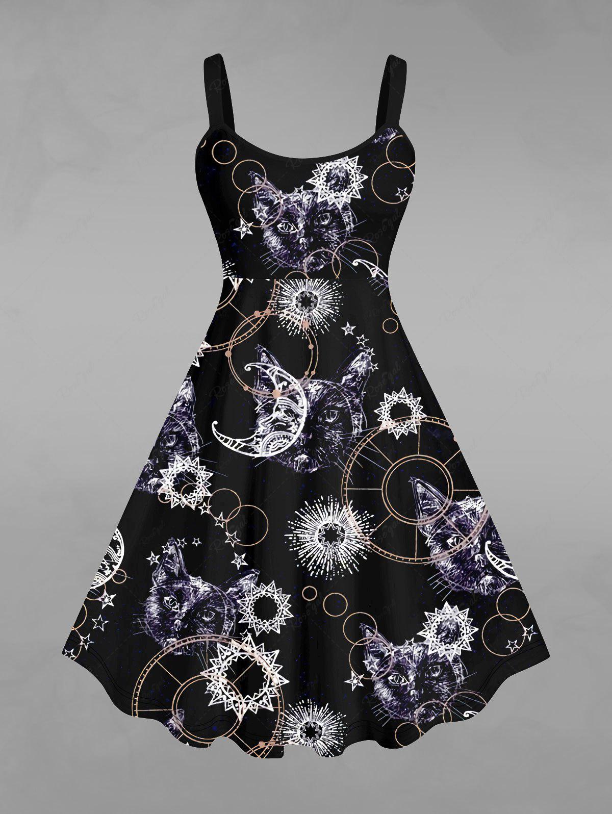 Gothic Plus Size Cat Moon Star Symbol Print Sleeveless Dress