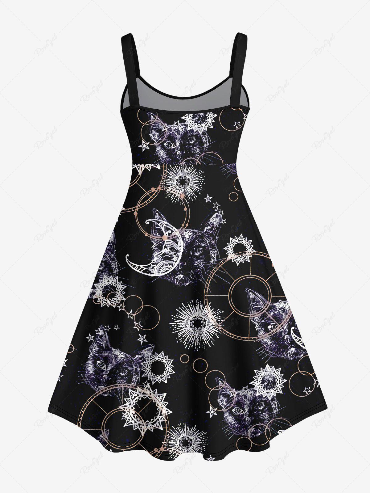 Gothic Plus Size Cat Moon Star Symbol Print Sleeveless Dress