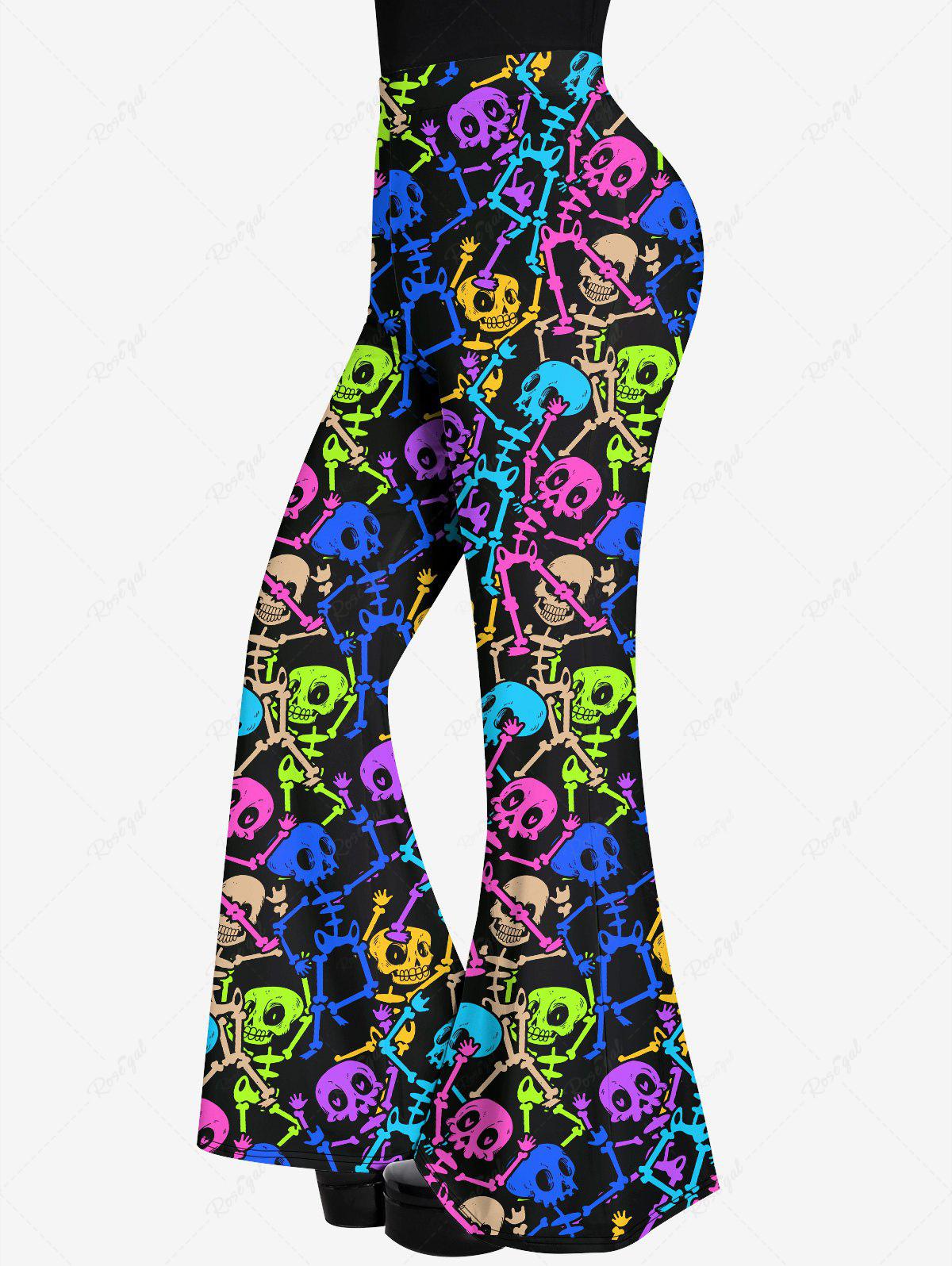 Gothic Plus Size Colorful Skulls Skeleton Print Halloween Flare Pants