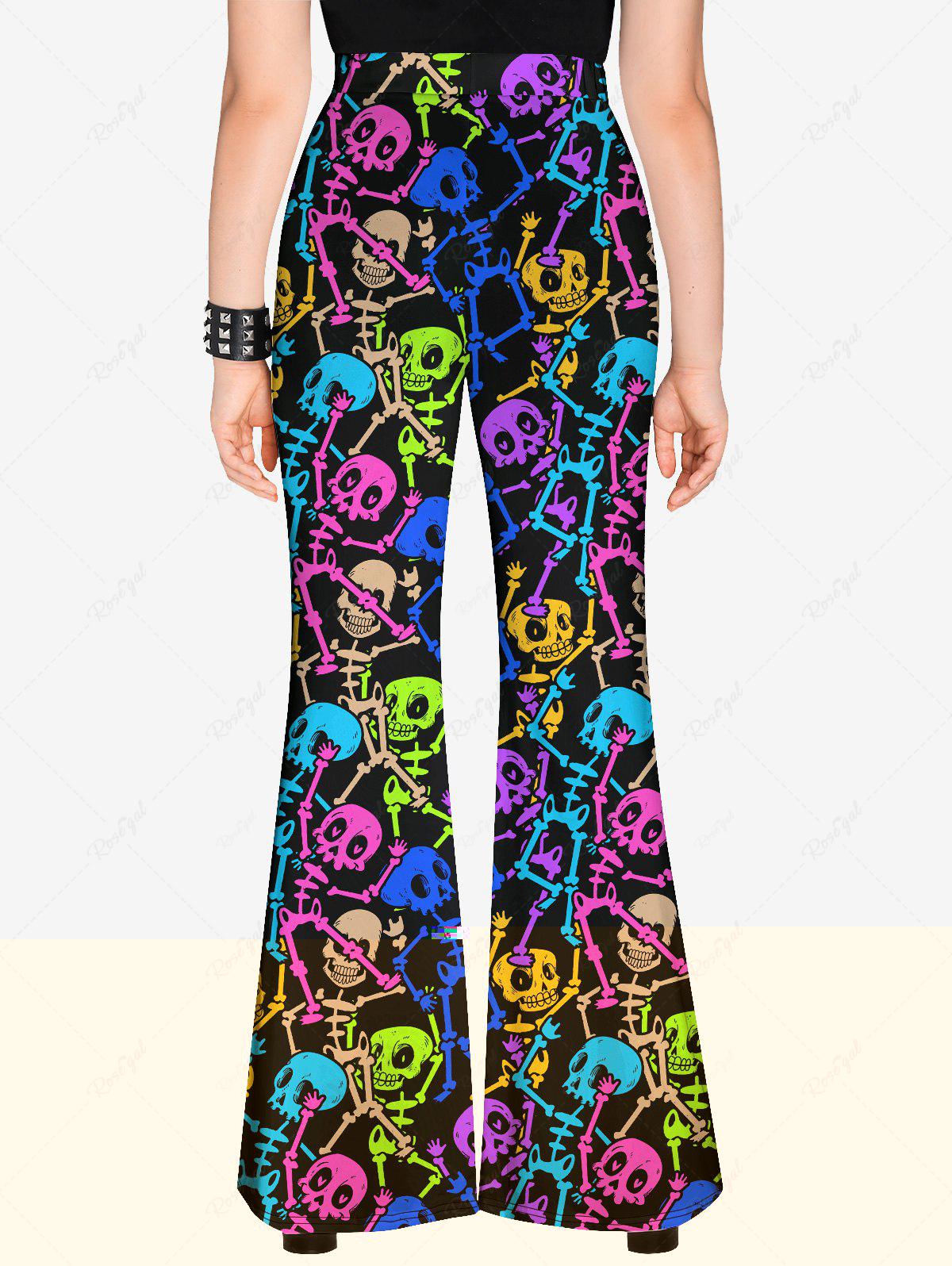 Gothic Colorful Skulls Skeleton Print Halloween Flare Pants