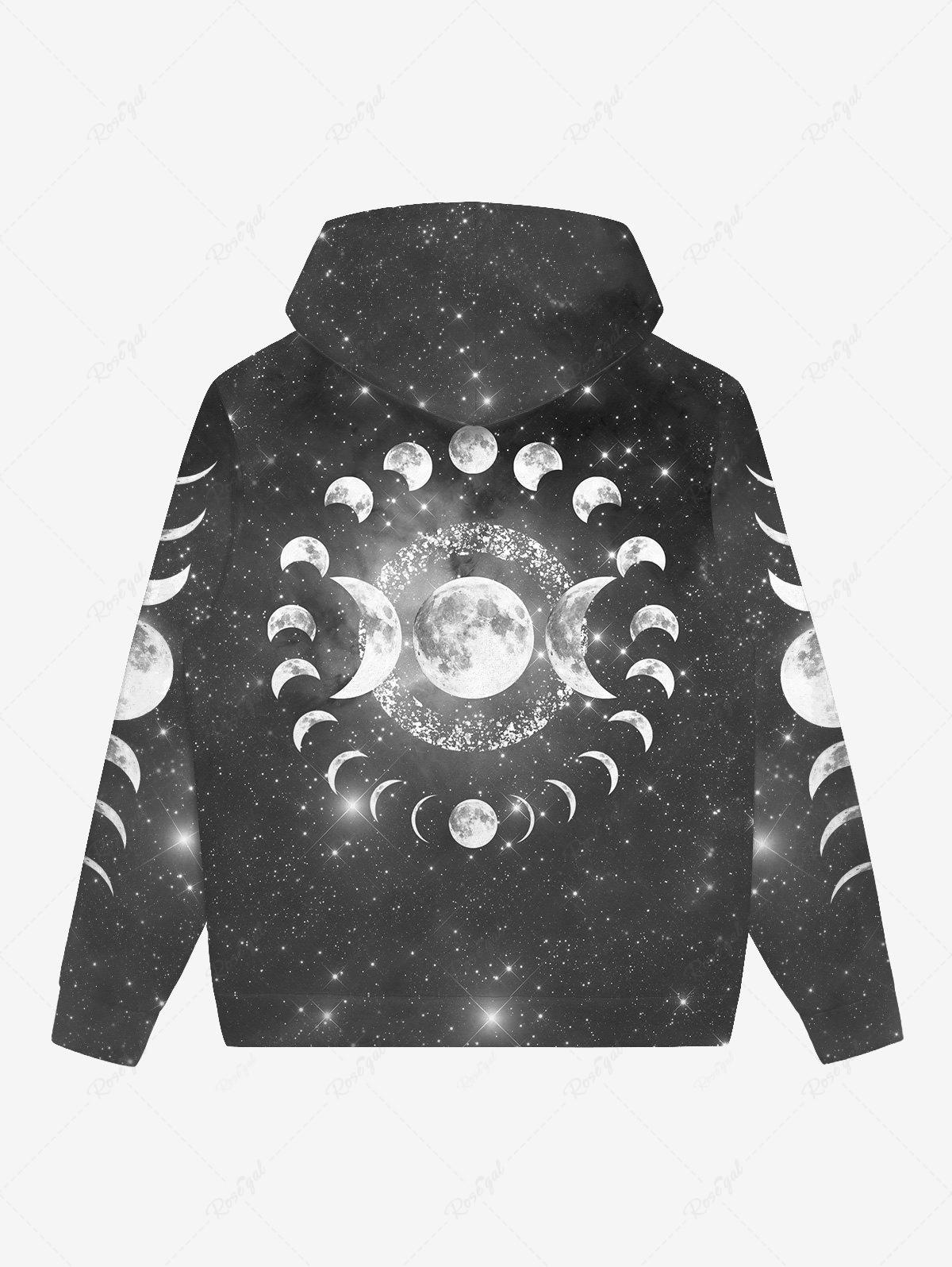 Gothic Plus Size Galaxy Moon Glitter Print Zipper Drawstring Hoodie For Men