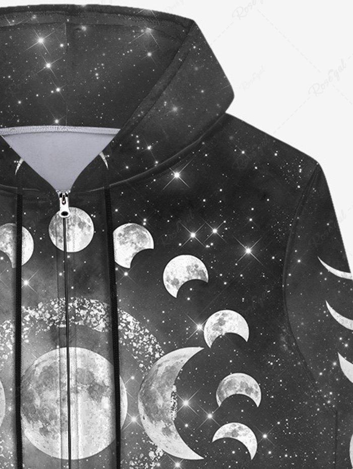 Gothic Plus Size Galaxy Moon Glitter Print Zipper Drawstring Hoodie For Men