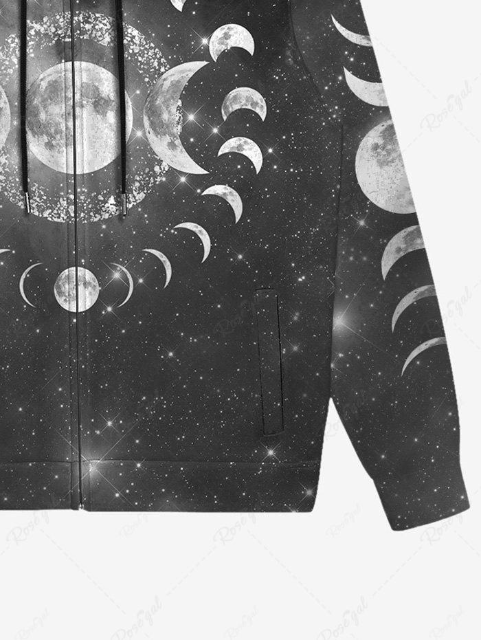 Gothic Plus Size Galaxy Moon Glitter Print Zipper Drawstring Hoodie For Men