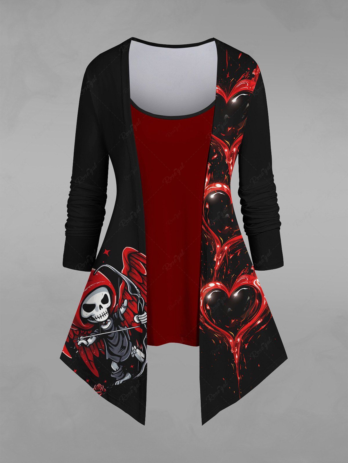 Gothic Plus Size Skull Wings Bow and Arrow Blood Heart Print 2 In 1 Top