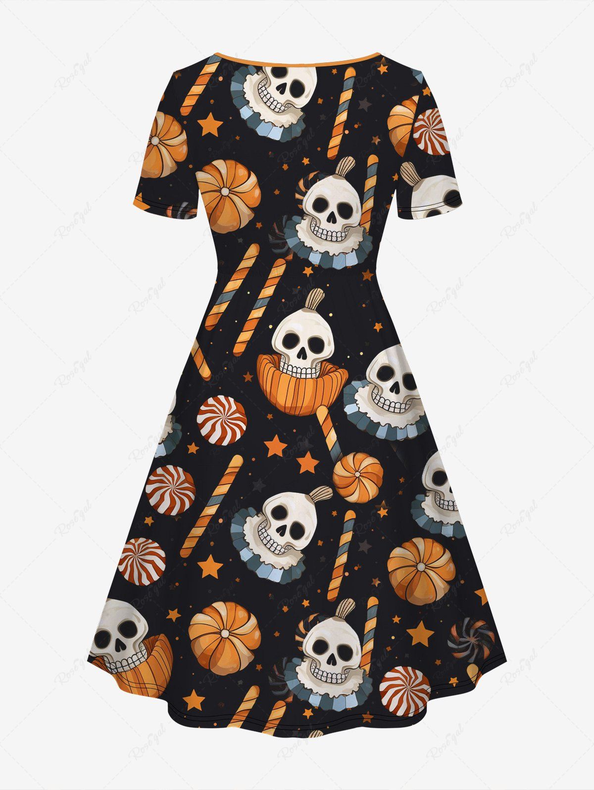 Halloween Costume Gothic Plus Size Skulls Candy Pumpkin Stars Print Cinched Dress