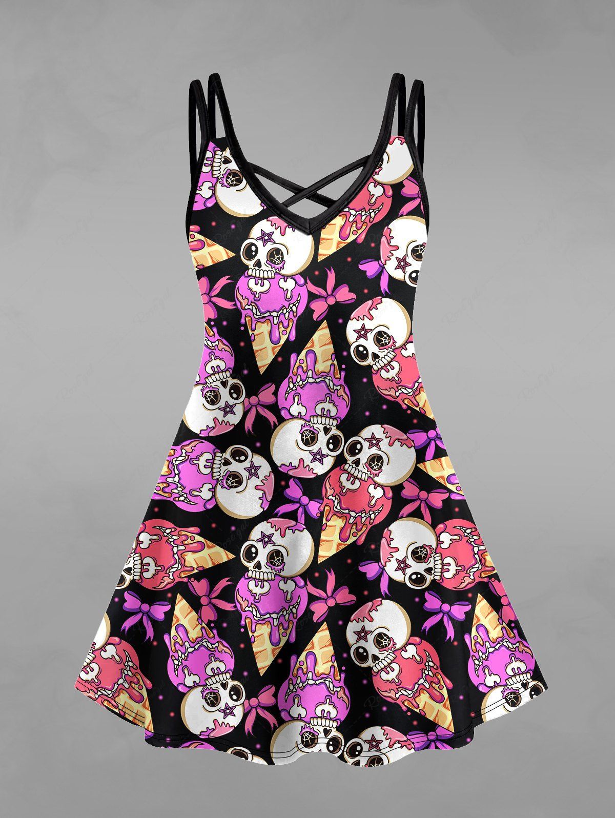 Gothic Halloween Costume Skulls Ice Cream Bowknot Print Crisscross Cami Dress