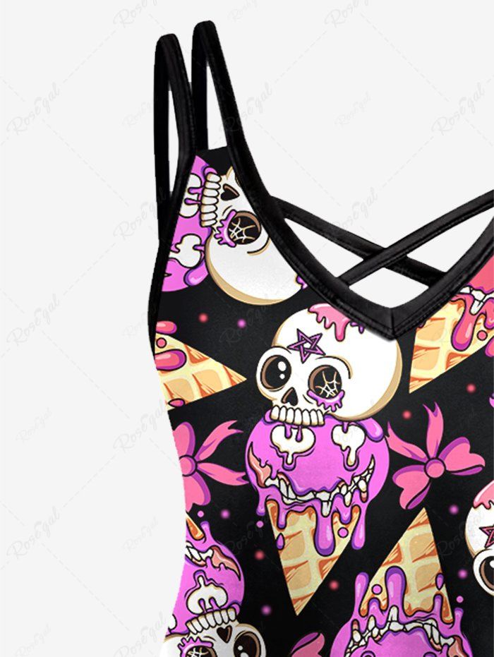 Gothic Halloween Costume Skulls Ice Cream Bowknot Print Crisscross Cami Dress