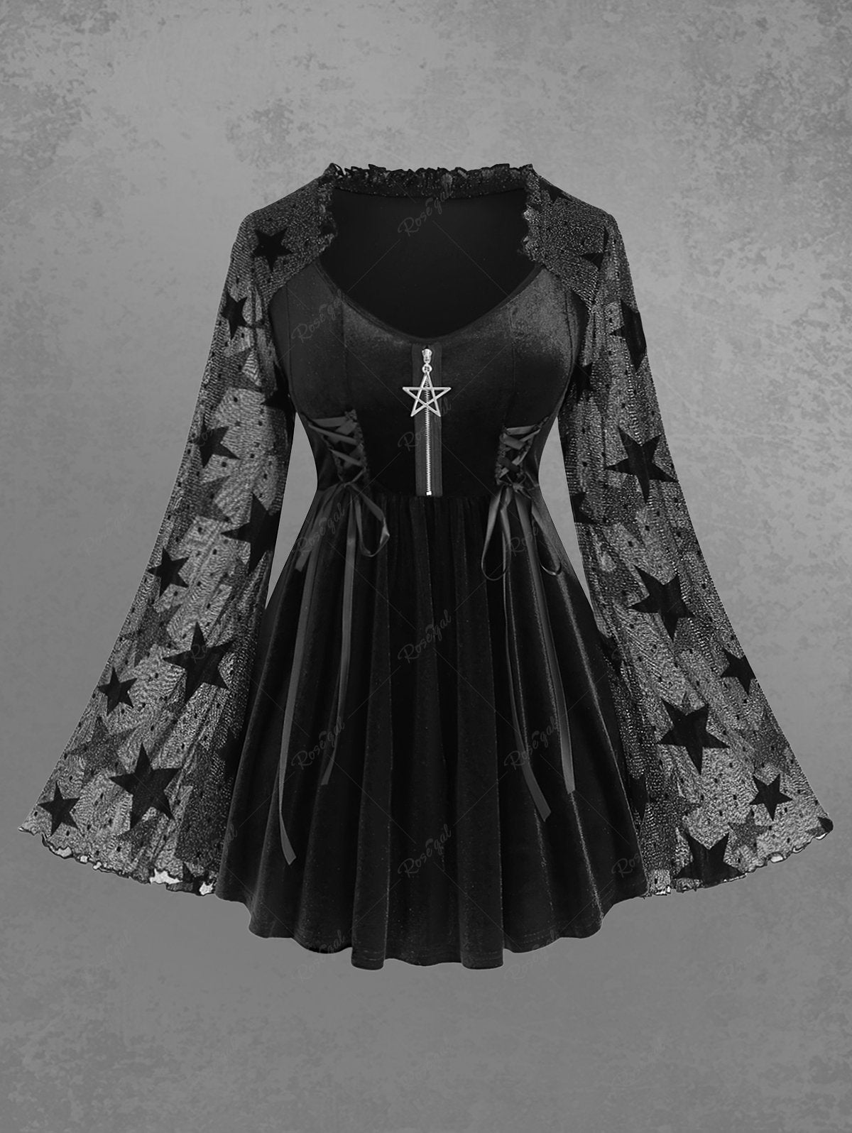 Gothic Plus Size Half Zipper Lace Up Ruched Pentagram Print Glitter Flutter Sleeves Velvet Halloween Top