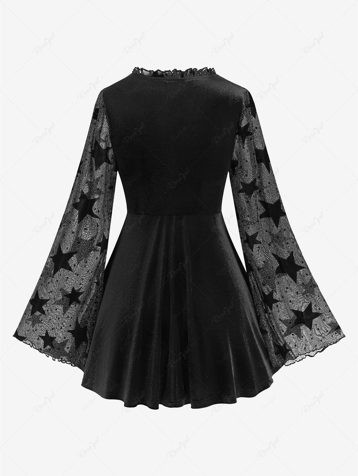 Gothic Plus Size Half Zipper Lace Up Ruched Pentagram Print Glitter Flutter Sleeves Velvet Halloween Top