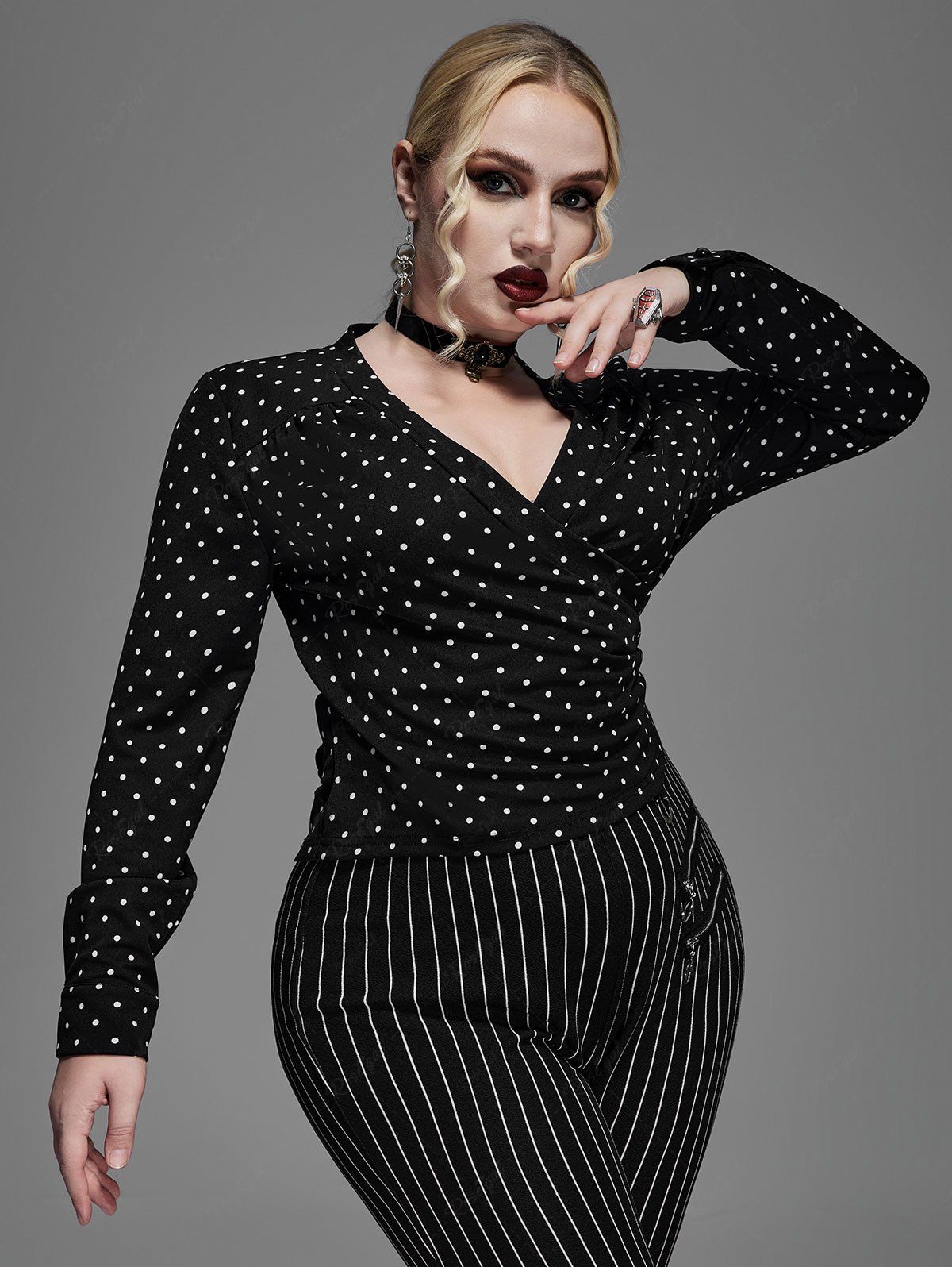 Gothic Plus Size Bowknot Polka Dot V Neck Ruched Blouse