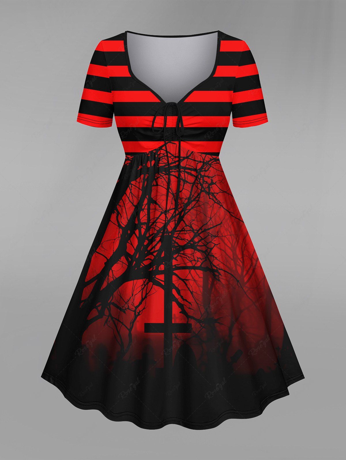 Gothic Tree Branch Striped Cross Print Cinched Dress