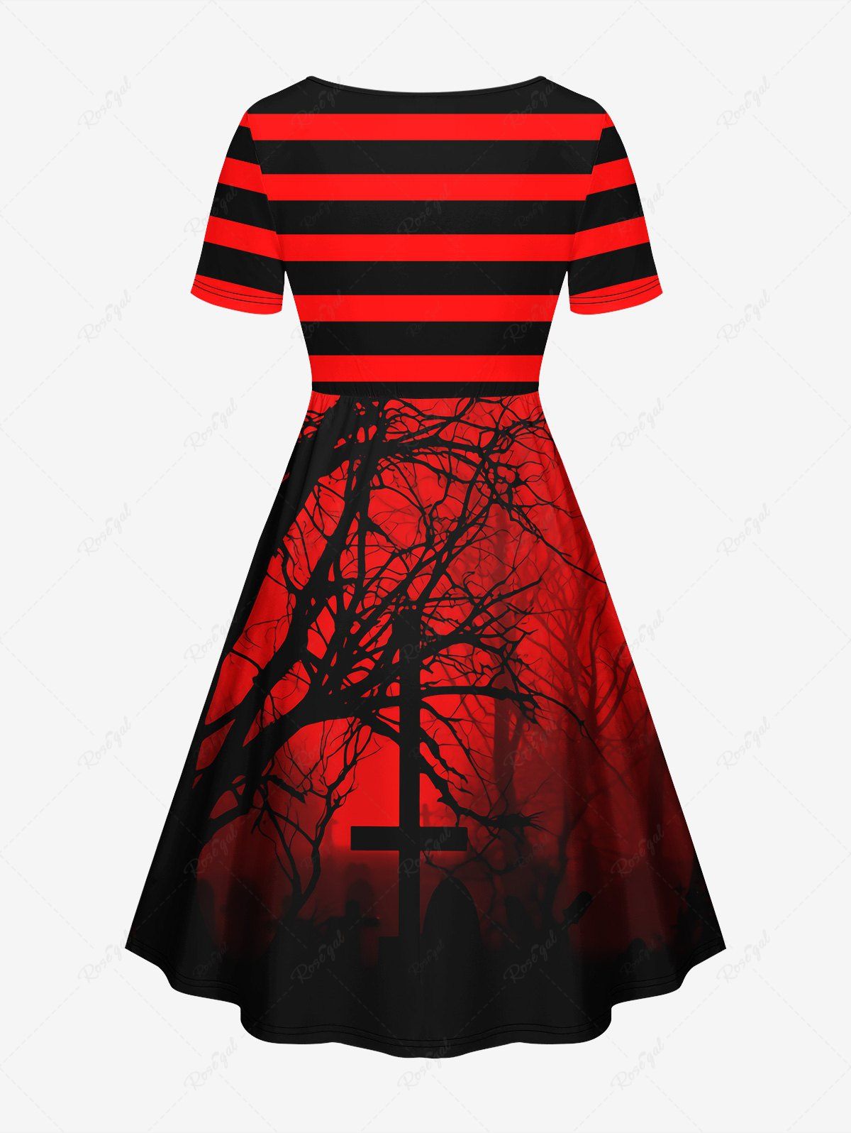 Gothic Plus Size Tree Branch Striped Cross Print Cinched Dress