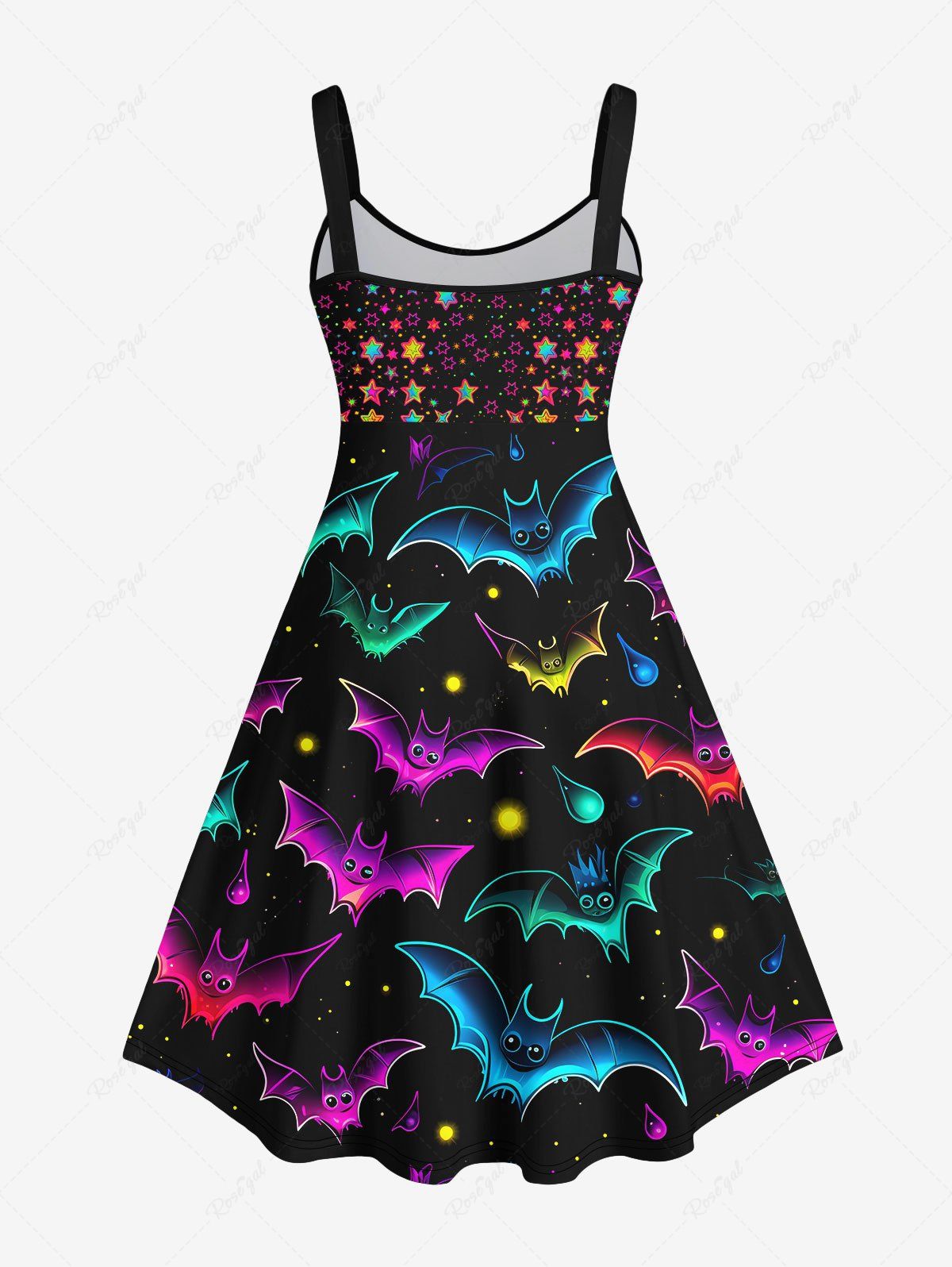 Gothic Plus Size Rainbow Colorful 3D Glitter Skulls Bats Stars Print Halloween Tank Dress