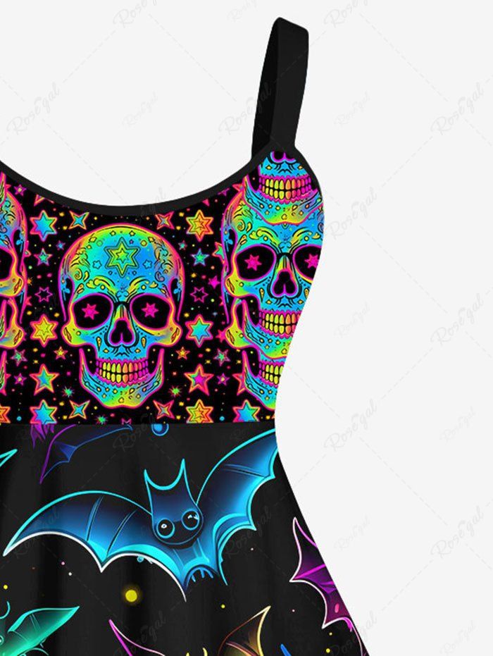 Gothic Rainbow Colorful 3D Glitter Skulls Bats Stars Print Halloween Tank Dress